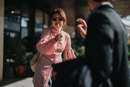 Confident business people meeting outdoors in urban setting