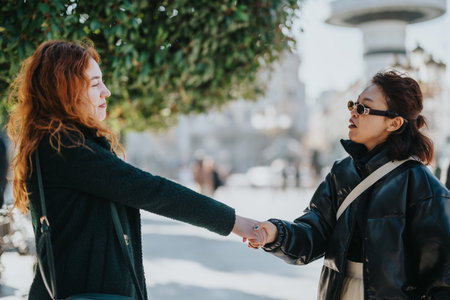 Two Women Shaking Hands in an Outdoor Business Meeting