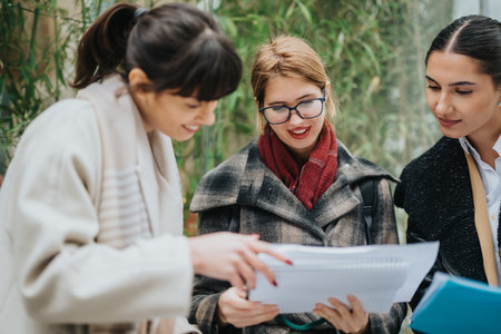Three businesswomen discuss documents outdoors in a modern and casual settingの写真素材