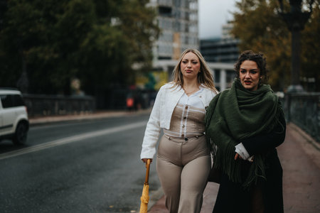 Two stylish women confidently walking together on an urban streetの写真素材