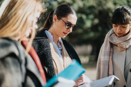 Diverse group of businesswomen collaborating outdoors in a casual professional setting