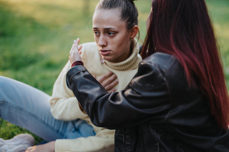 A supportive friend comforting upset person outdoors on a green lawnの写真素材