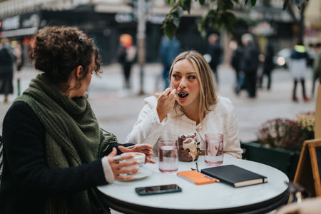 Two Friends Enjoying a Relaxing Cafe Break Outdoors in the Cityの写真素材