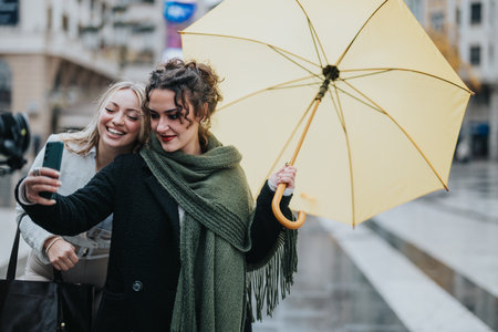 Two women taking a selfie together under a yellow umbrella outdoorsの写真素材
