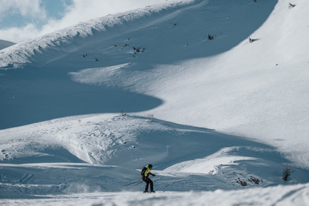 Ski Enthusiast Navigating Pristine Snow Surrounded by Majestic Mountain Terrainの写真素材