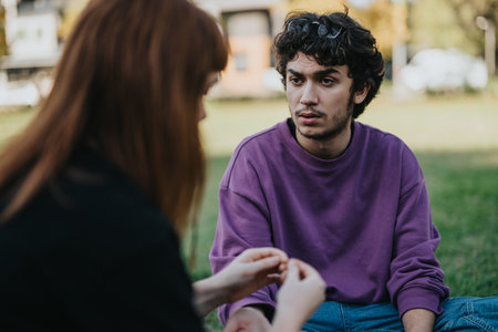 Young couple having a serious conversation in the parkの写真素材