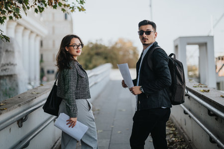 Two business people walking in urban setting with documents