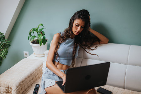 Young woman using laptop on a cozy sofa at homeの写真素材