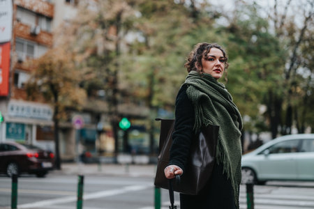 Woman in green scarf crossing a street in urban environmentの写真素材