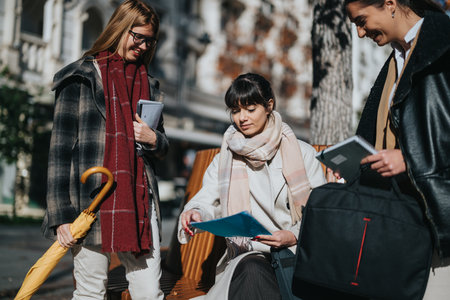 Group of friends discussing documents outdoors on a sunny dayの写真素材