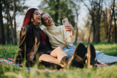 Friends enjoying a picnic while taking a selfie in a sunny parkの写真素材