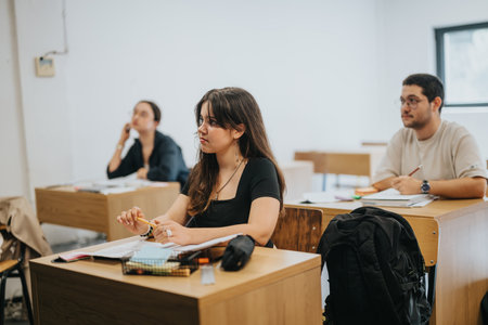 High school students attentively listening during classroom lectureの写真素材