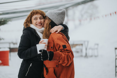 Joyful friends enjoying winter with warm drinks and laughter outdoorsの写真素材