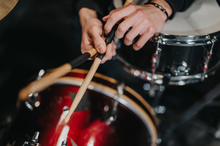 Close-up of hands playing drums with sticks on a red drum set