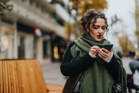 Young woman texting outdoors dressed warmly in a winter urban settingの写真素材