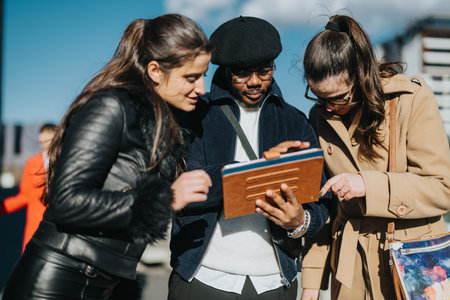 Young professionals discussing work outdoors on a sunny dayの写真素材