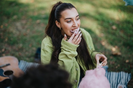 Young woman enjoying cotton candy at a park picnic