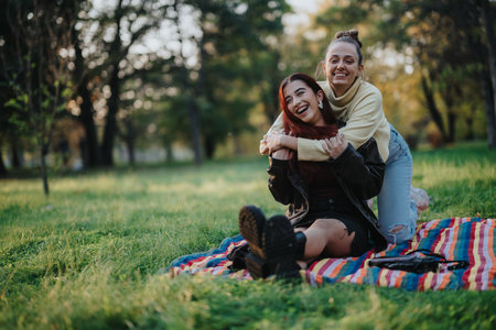 Two friends enjoying a fun day outdoors together on a picnic blanketの写真素材