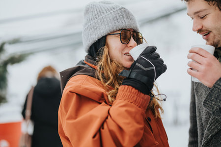 Couple Enjoying Hot Beverages Outdoors in a Snowy Winter Environmentの写真素材