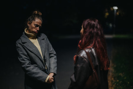 Two friends sharing a moment outdoors at night in casual warm clothingの写真素材