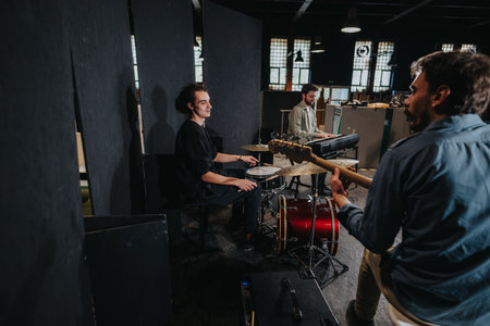 Musicians rehearsing together with instruments in a music studio settingの写真素材
