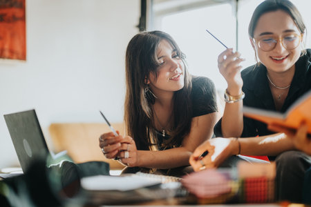 Students collaborating on school assignments with laptops and booksの写真素材