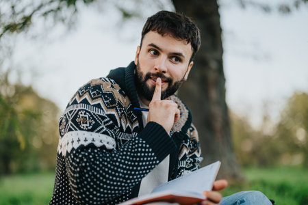 A bearded man in a patterned sweater contemplates while sitting outdoors with a book.の写真素材