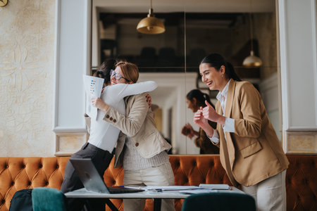 Female coworkers celebrating success with joy and camaraderie in the officeの写真素材