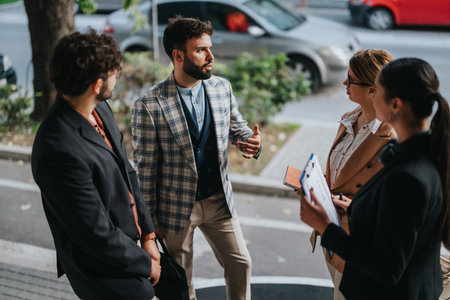 Business people engaged in outdoor meeting in urban environmentの写真素材