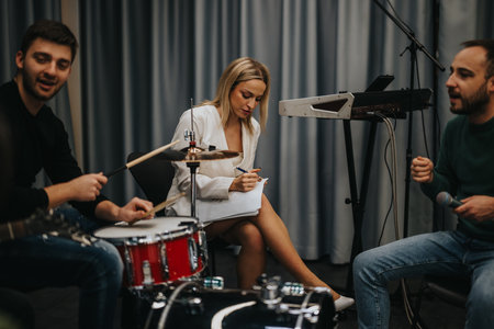 Musicians collaborating in studio for a rehearsal or songwriting sessionの写真素材