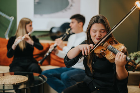 Musicians playing violin, flute, and clarinet in a home environmentの写真素材