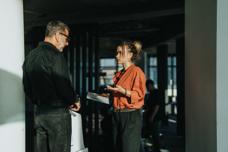 Two business people engage in a focused conversation in a contemporary office setting, exchanging ideas and holding documents.の写真素材