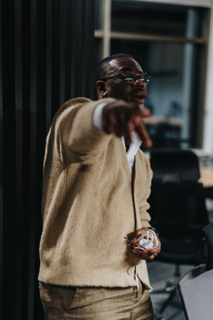 Man enjoying a lighthearted moment during a late-night work session in the officeの写真素材