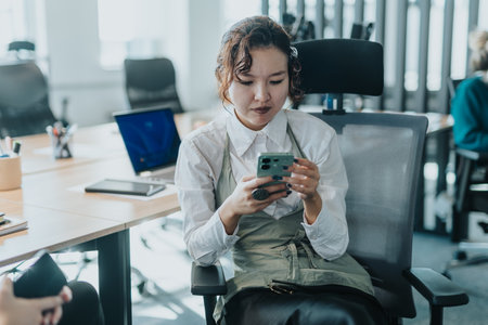 Young professional woman focused on her smart phone in office settingの写真素材