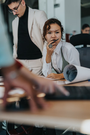 A diverse group of business colleagues analyzes documents and brainstorms ideas in a modern office setting.の写真素材