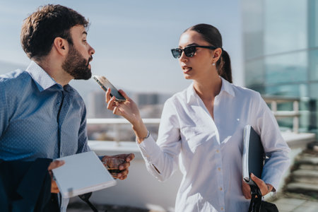Business professionals having a discussion outdoors in a modern city settingの写真素材
