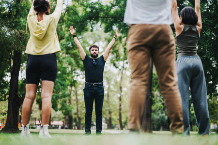 Outdoor fitness class with students and instructor in the parkの写真素材