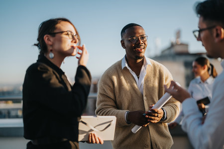 Diverse business colleagues brainstorming on a rooftop at sunsetの写真素材