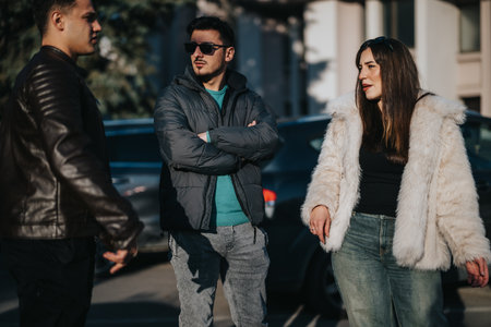 Group of friends socializing outdoors on a sunny day in the city