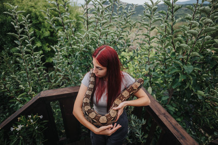 Young girl holding a boa constrictor in a lush garden setting