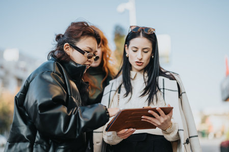 Three Professionals Collaborating Outdoors Using a Tablet on a Sunny Dayの写真素材
