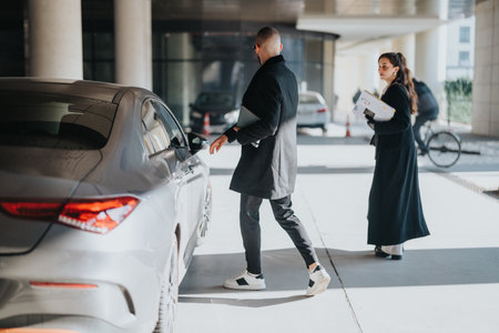 Young professionals preparing for a business meeting by a modern car