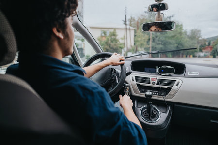 Young man driving a car on a city street on a rainy day