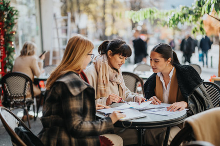 Three businesswomen collaborating while seated outdoors at a cozy cafÃ©