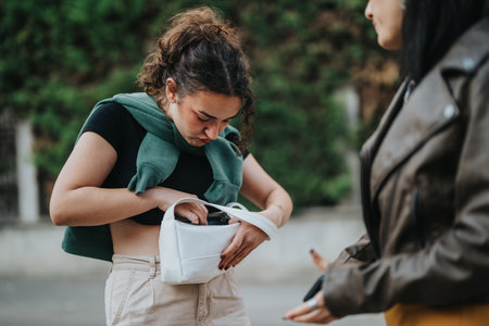 Young woman searching her bag while standing outdoors during the day