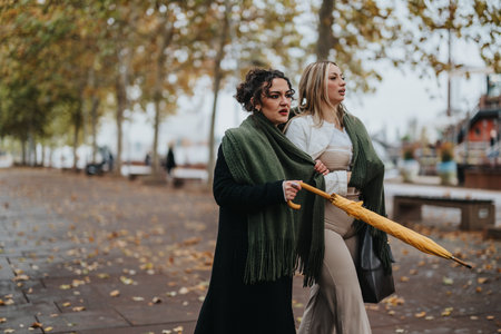 Two women walking in a park holding an umbrella on a cloudy day