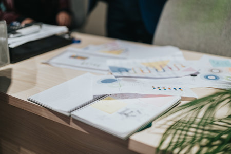 Workspace Desk Displaying Documents and Graphs for Business Analysis