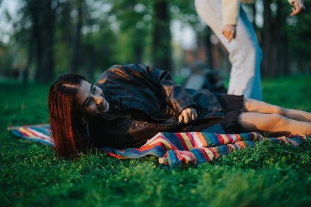 Young woman relaxing outdoors on a blanket during a sunny dayの写真素材