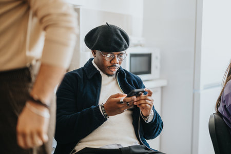 Young person focused on smart phone in stylish casual attire indoors
