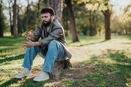 Thoughtful man sitting on a tree stump in a scenic park settingの写真素材